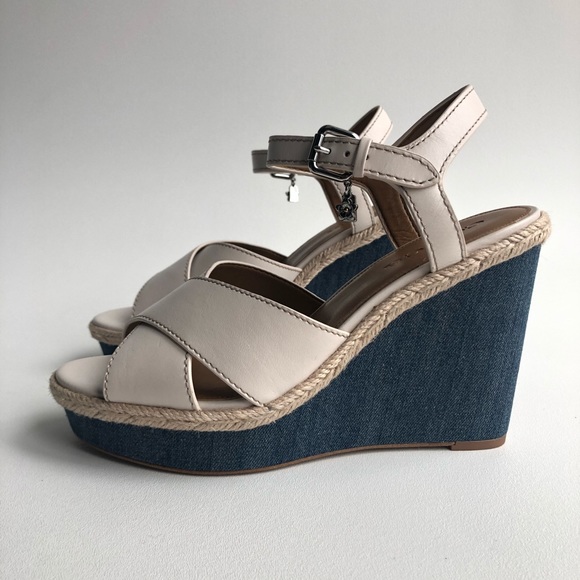 NEW COACH Eaton Chalk Leather White Wedge Sandals - Picture 2 of 8
